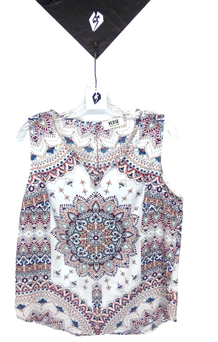 Verse Women's Boho Aztec Sleeveless V Neckline Tunic Soft Silky Feel Top Size M